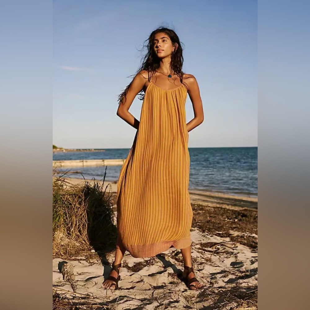Free People Size M Rio Reversible Midi Dress Stripes Sleeveless Cotton …